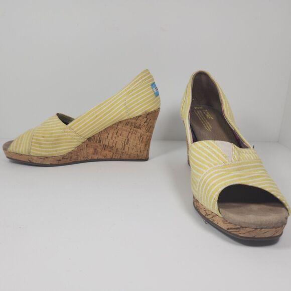 Toms Shoes Womens 7.5 Yellow Striped Fabric Wedge Cork Heels Peep Toe Slip On - Picture 6 of 10